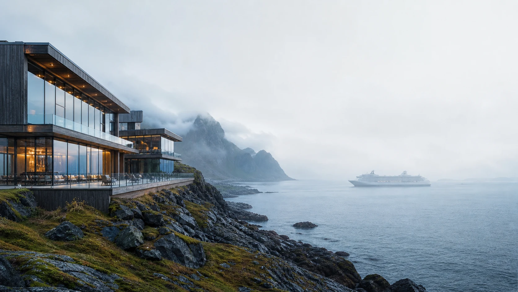 Glass and timber hotel above a misty northern coast with a ship offshore